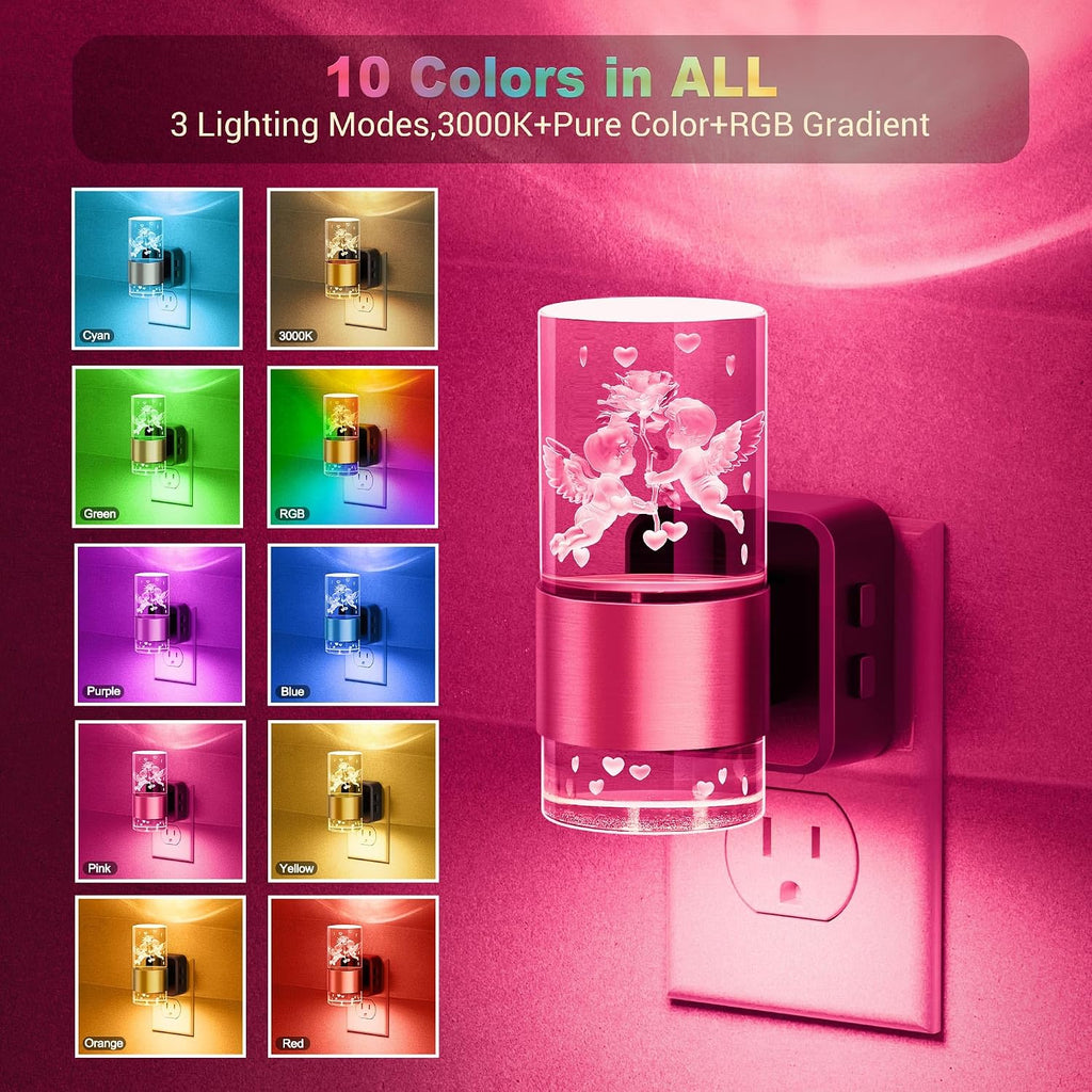 JandCase Night Lights Plug into Wall, Angel Night Light, 2 Pack 3000K+RGB 10-Color LED Nightlight with Dusk to Dawn Sensor, 10/50/100LM…
