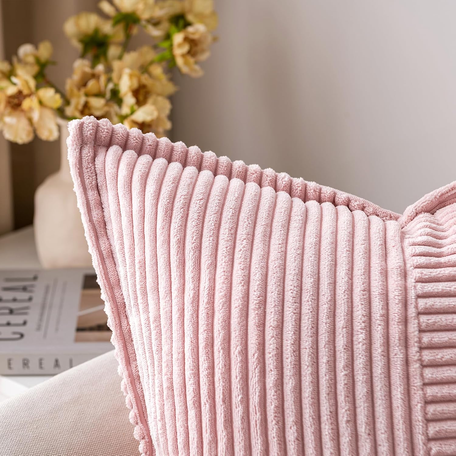 MIULEE Spring Decorative Throw Pillow Covers for Couch Bed Livingroom 20x20 Inch Set of 2 Pink Boho Accent Throw Pllows Broadside Striped…