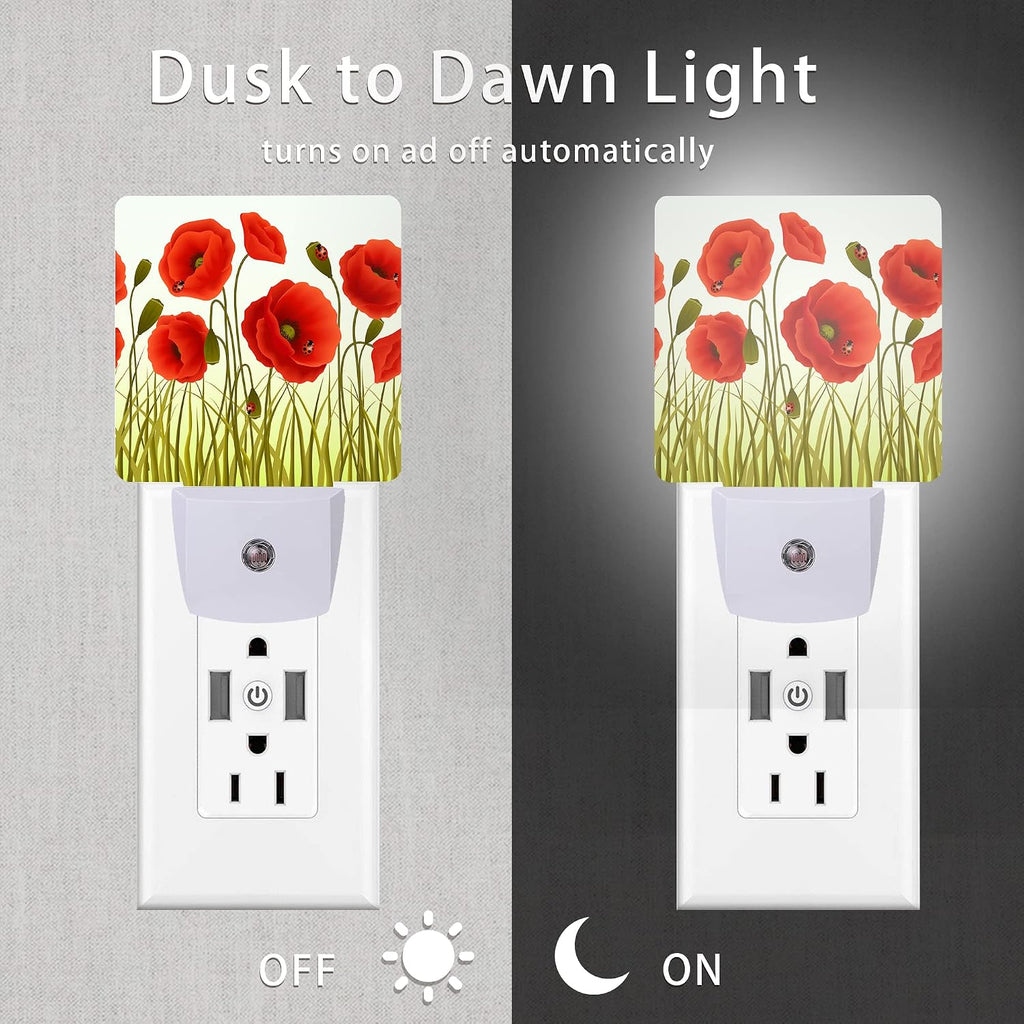 Red Flowers Night Light, Red Poppy Flowers and Ladybugs Plug-in Night Lights with Dusk-to-Dawn Sensor for Stairway/Hallway/Bedroom Sleep…