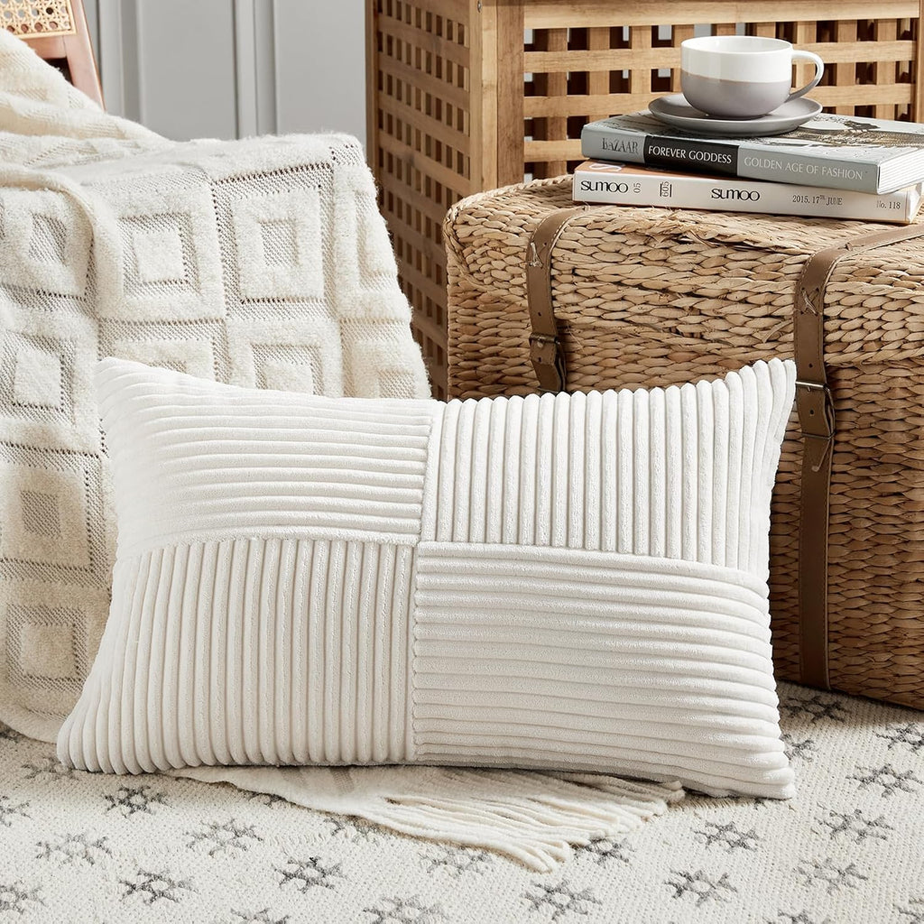 Fancy Homi 2 Packs Cream White Lumbar Decorative Throw Pillow Covers 12x20 Inch for Couch Bed Sofa, Rustic Farmhouse Boho Home Decor…