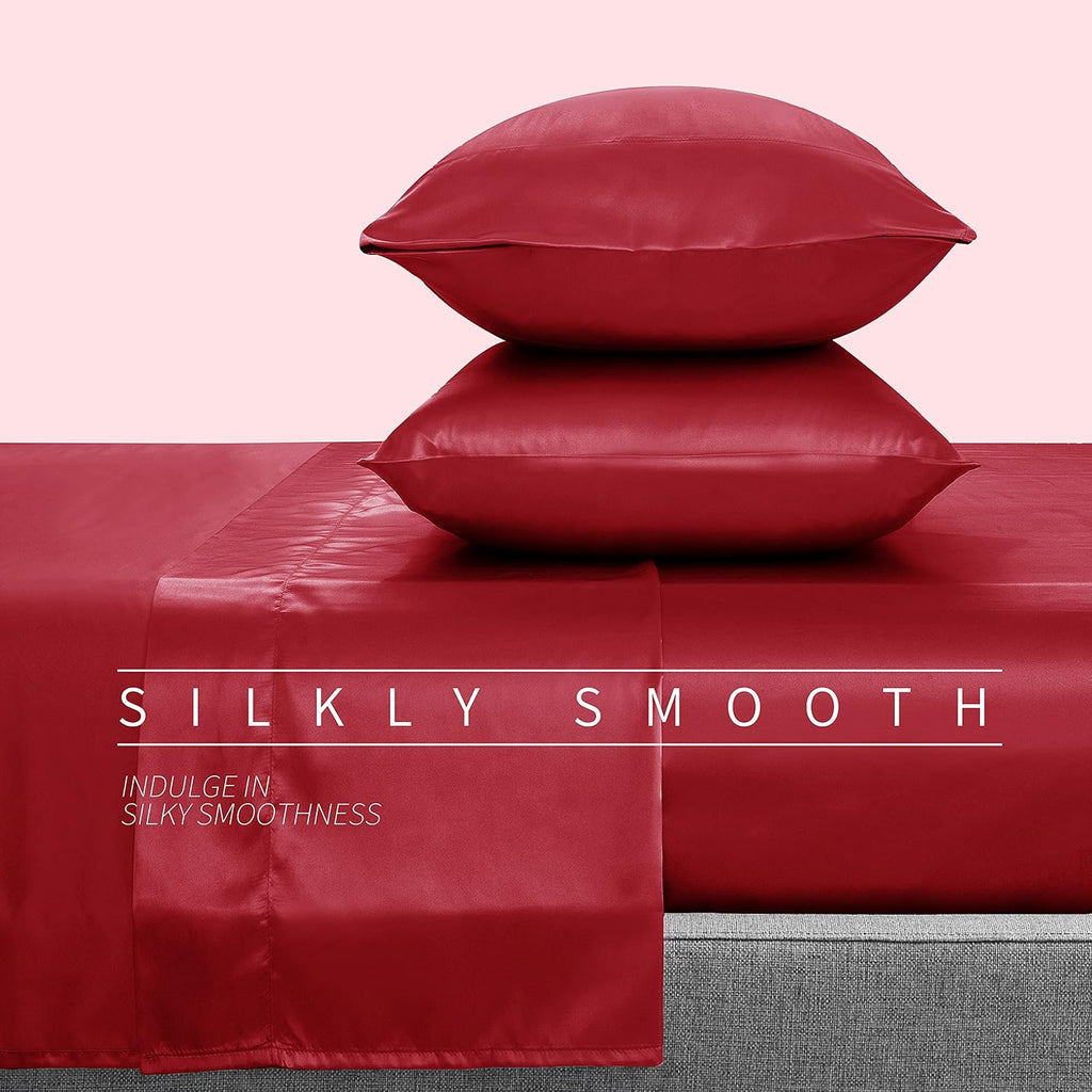 Cobedzy 3 Pcs Red Satin Sheets Twin Size Silky Satin Bedding Sheets Set with 1 Deep Pocket Fitted Sheet, 1 Flat Sheet, 1 Pillowcase 3 Pcs 1…