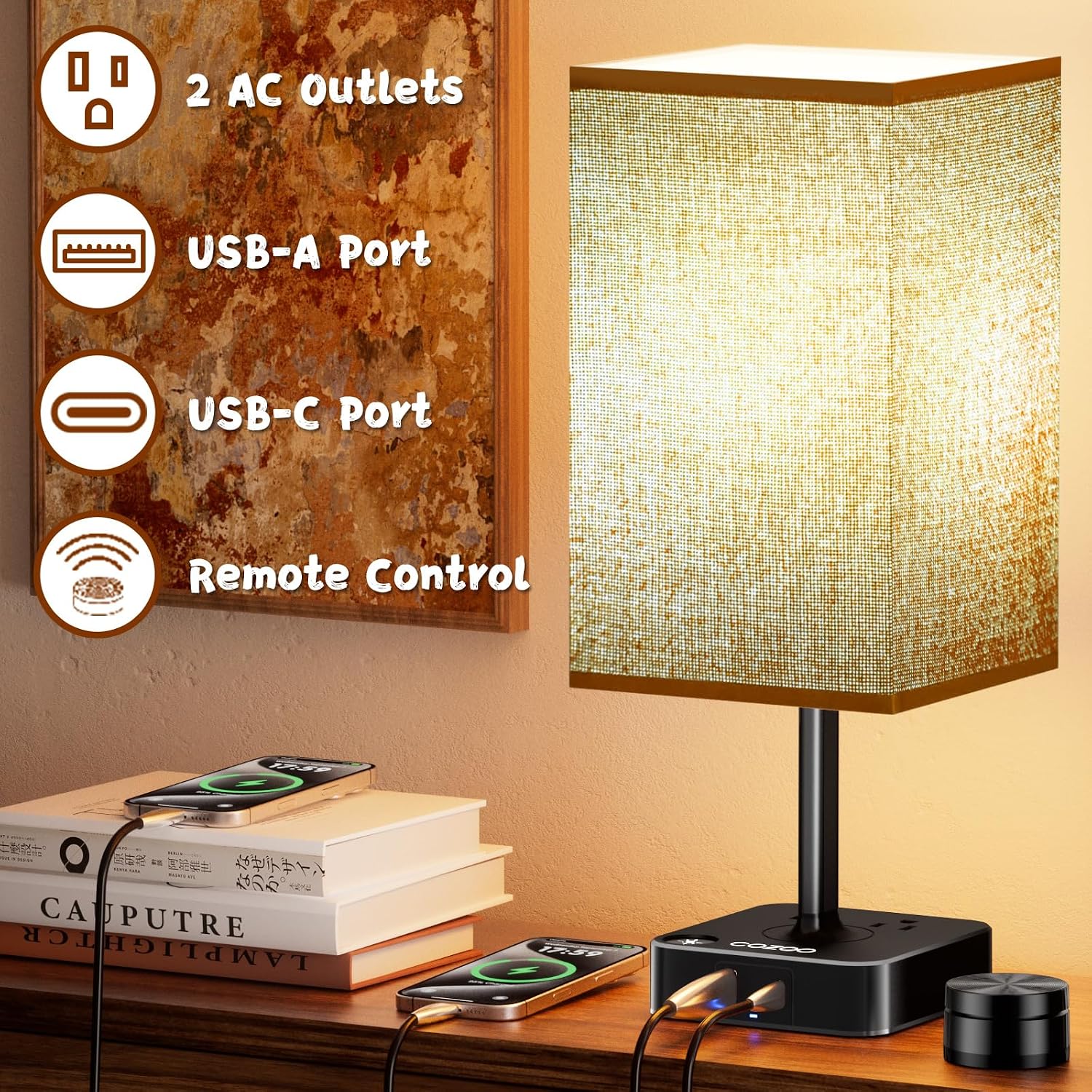 cozoo Bedroom Table Lamp with Remote Operation Control, Dimmable Bedside Table Desk Lamps with USB C+A Charging Ports 2 AC Outlets (Brown…