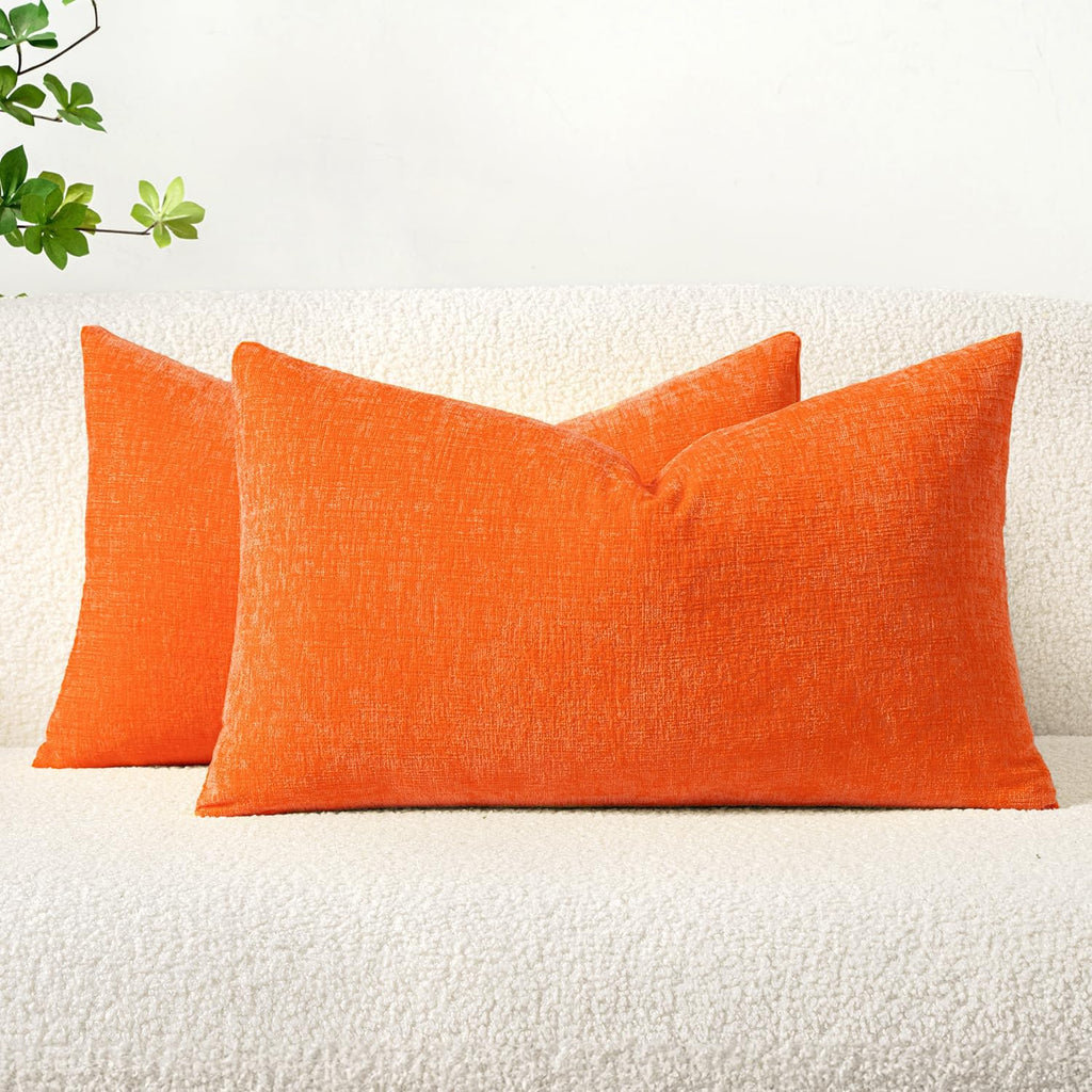 Miulee Pack of 2 Bright Orange Throw Pillow Covers 12x20 Inch Soft Chenille Lumbar Pillow Covers for Sofa Living Room Couch Solid Dyed Cases