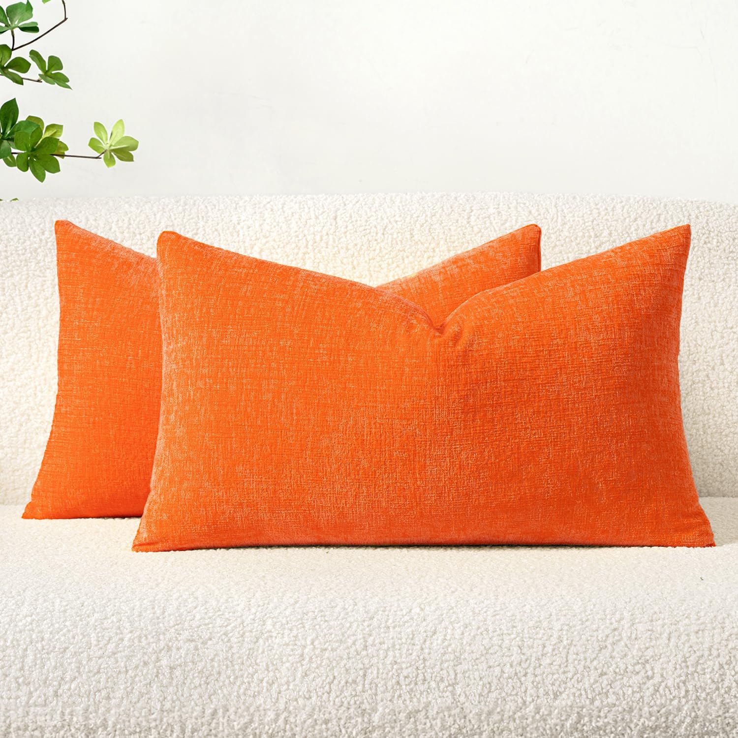 Miulee Pack of 2 Bright Orange Throw Pillow Covers 12x20 Inch Soft Chenille Lumbar Pillow Covers for Sofa Living Room Couch Solid Dyed Cases