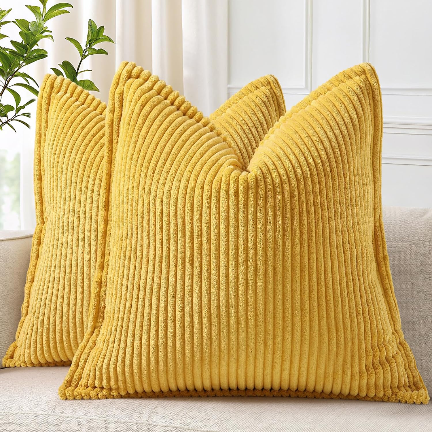 decorUhome Summer Corduroy Mustard Yellow Euro Sham Throw Pillow Covers 24x24 Set of 2 Decorative Soft Boho Farmhouse Couch Pillow Covers f…