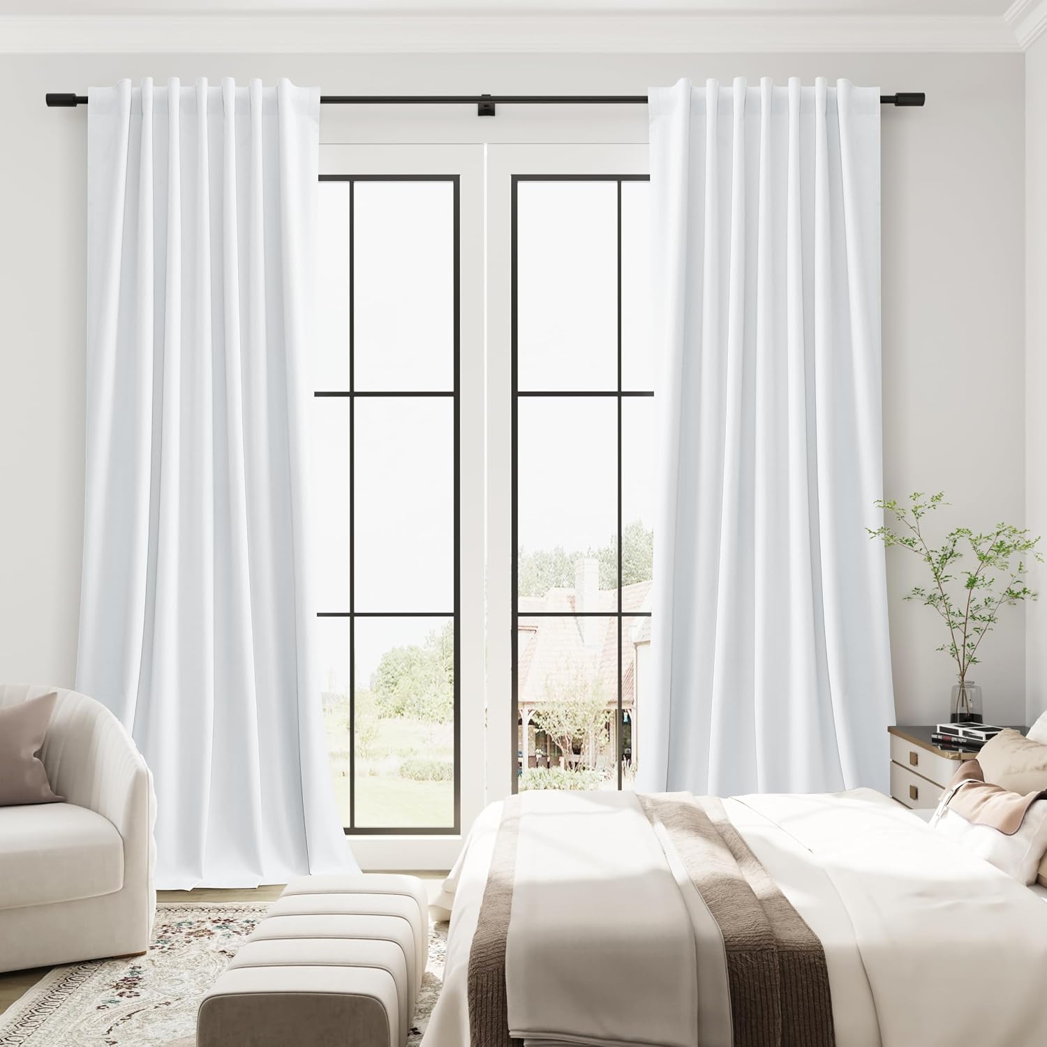 Guken White Linen 100% Blackout Curtains 90 Inch Length 2 Panels Set Modern Textured Back Tab Black Out Thermal Insulated Room Divider Soun…