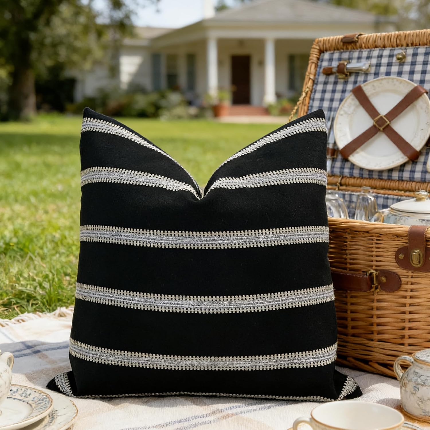 Slow Cow Decorative Textured Woven Stripe Throw Pillow Cover Modern Country Design Cushion Cover Pillow Cover 20 x 20 Inches Black Mixed…