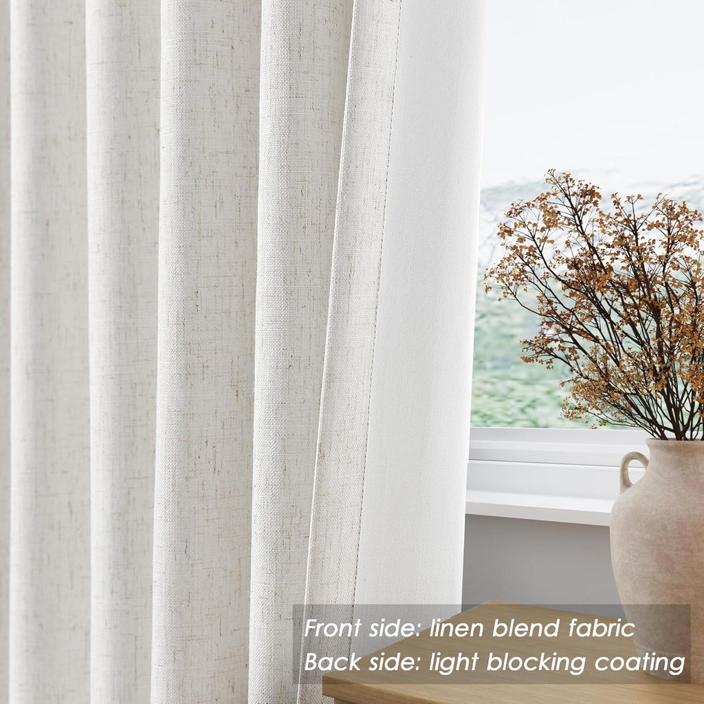 Nanspring 100% Blackout Linen 80 Inch Curtains for Bedroom Living Room Back Tab Cream Black Out Curtain Luxury Thermal Insulated Boho Moder…