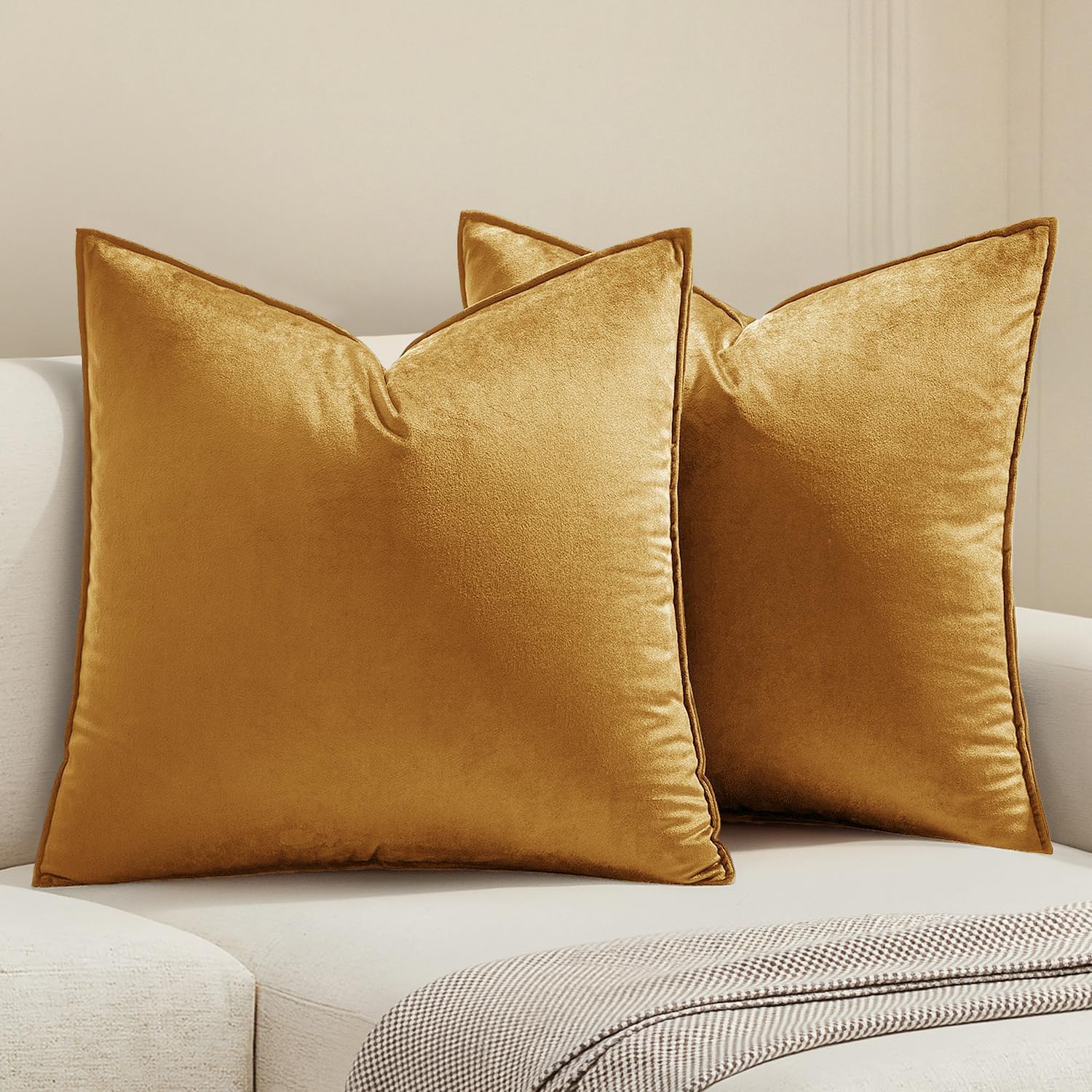 Miulee Dark Gold Velvet Throw Pillow Covers 20x20 Soft Decorative Solid Square Cushion Cases Pack of 2 Modern Luxury Home Decor for Couch,…
