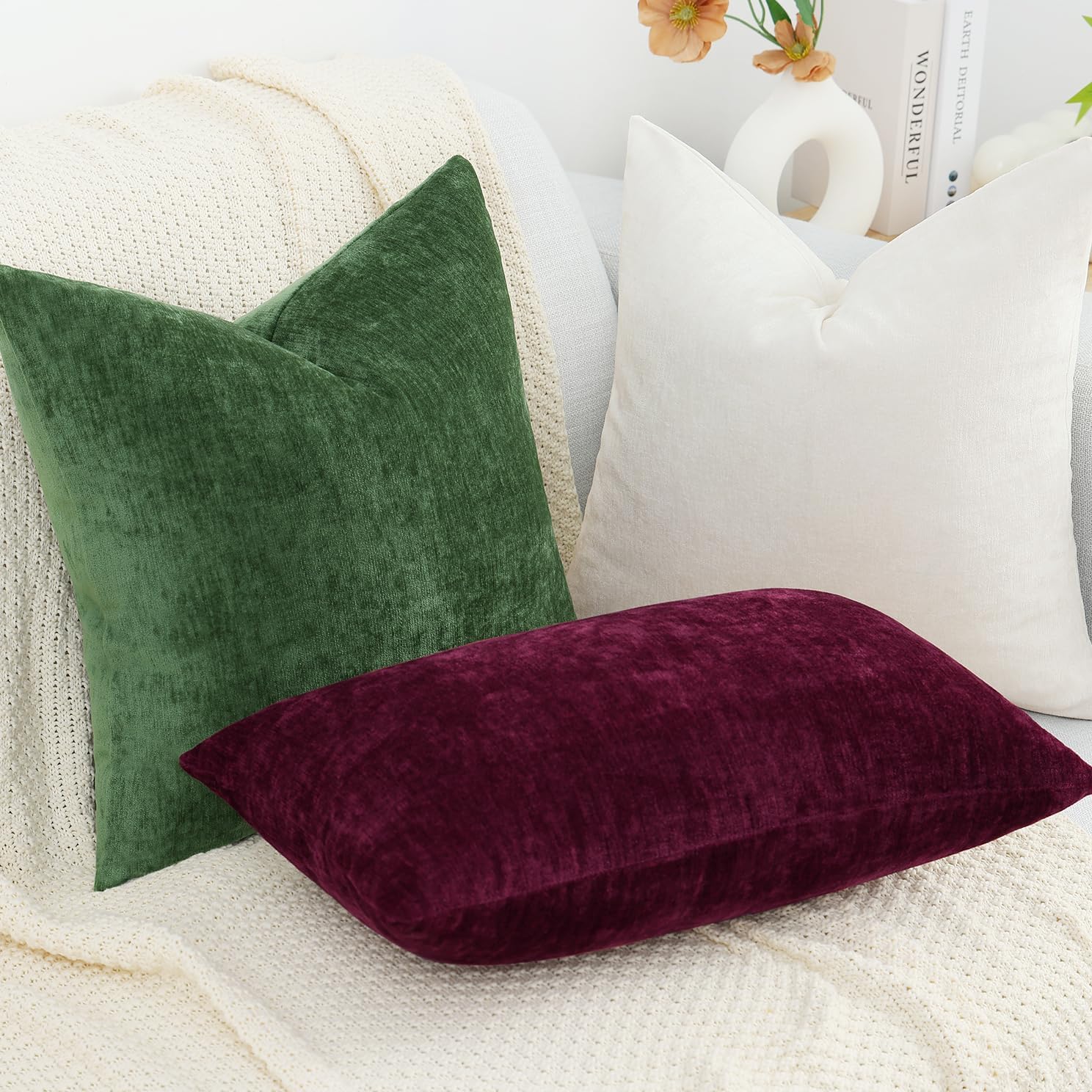 decorUhome Chenille Burgundy Throw Pillow Covers 18x18 Inch Set of 2, Decorative Soft Couch Pillow Covers Solid Dyed Accent Farmhouse Neutr…