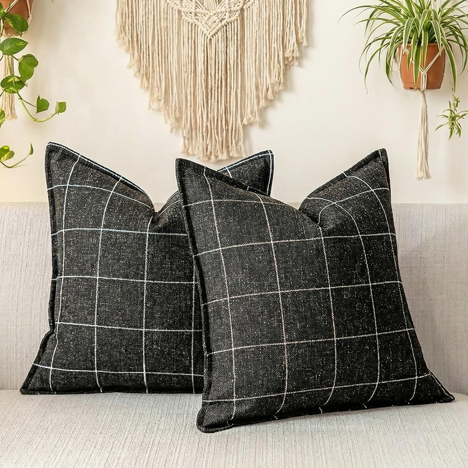CARRIE HOME 16x16 Pillow Covers, Black and White Boho Plaid Throw Pillow Covers 16x16 Set of 2, Farmhouse Decorative Linen 16 x 16 Pillow…