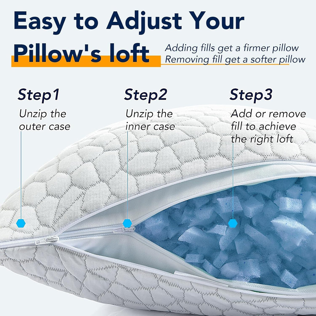Qutool Cooling Pillow for Sleeping 2 Pack, Luxury Shredded Memory Foam Bed Standard Pillows Set of 2, Cool Pillow for Hot Sleepers Adjustable…
