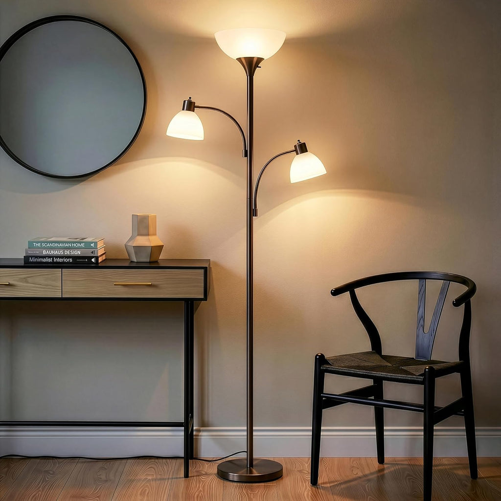 Brightech Sky Dome Double LED Floor lamp, Torchiere Super Bright Floor Lamp with 2 Reading Lamps for Living Rooms & Offices - Dimmable…