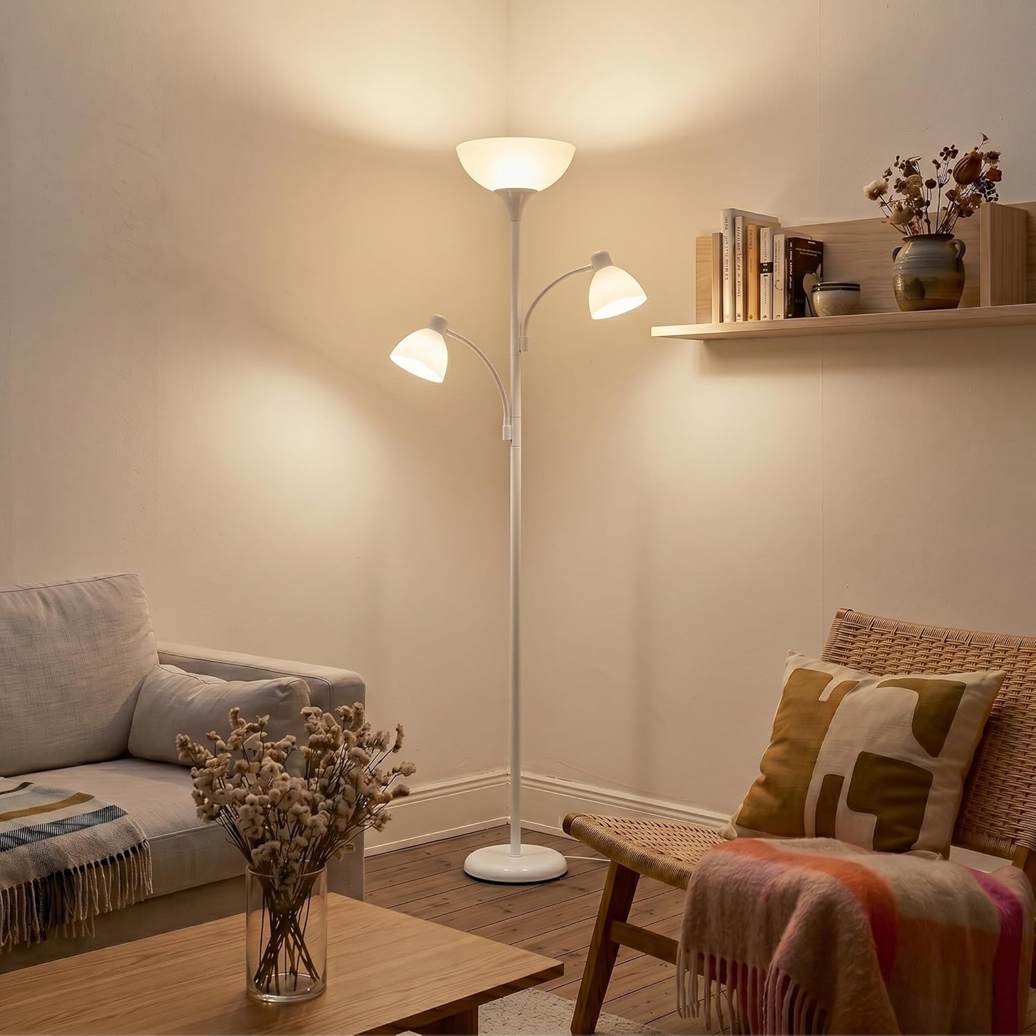 Brightech Sky Dome Double – High Brightness Torchiere Floor Lamp with 2 Reading Lights for Living Rooms, Bedrooms – Replace Halogen…