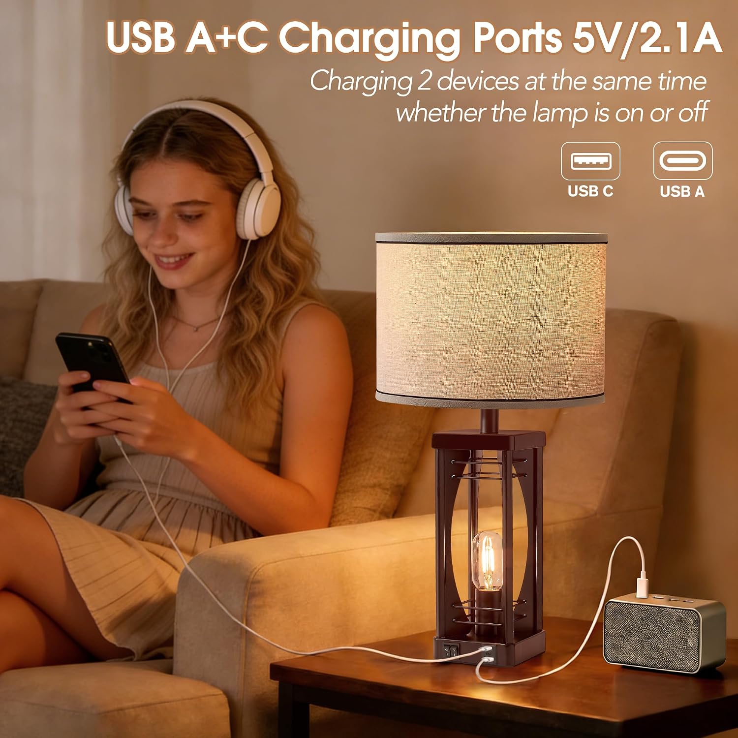 SRJJA Farmhouse Table Lamps Set of 2 for Living Room, Rustic Bedside Nightstand Lamps with USB A+C Charging Ports, 22.5" Dual Light…