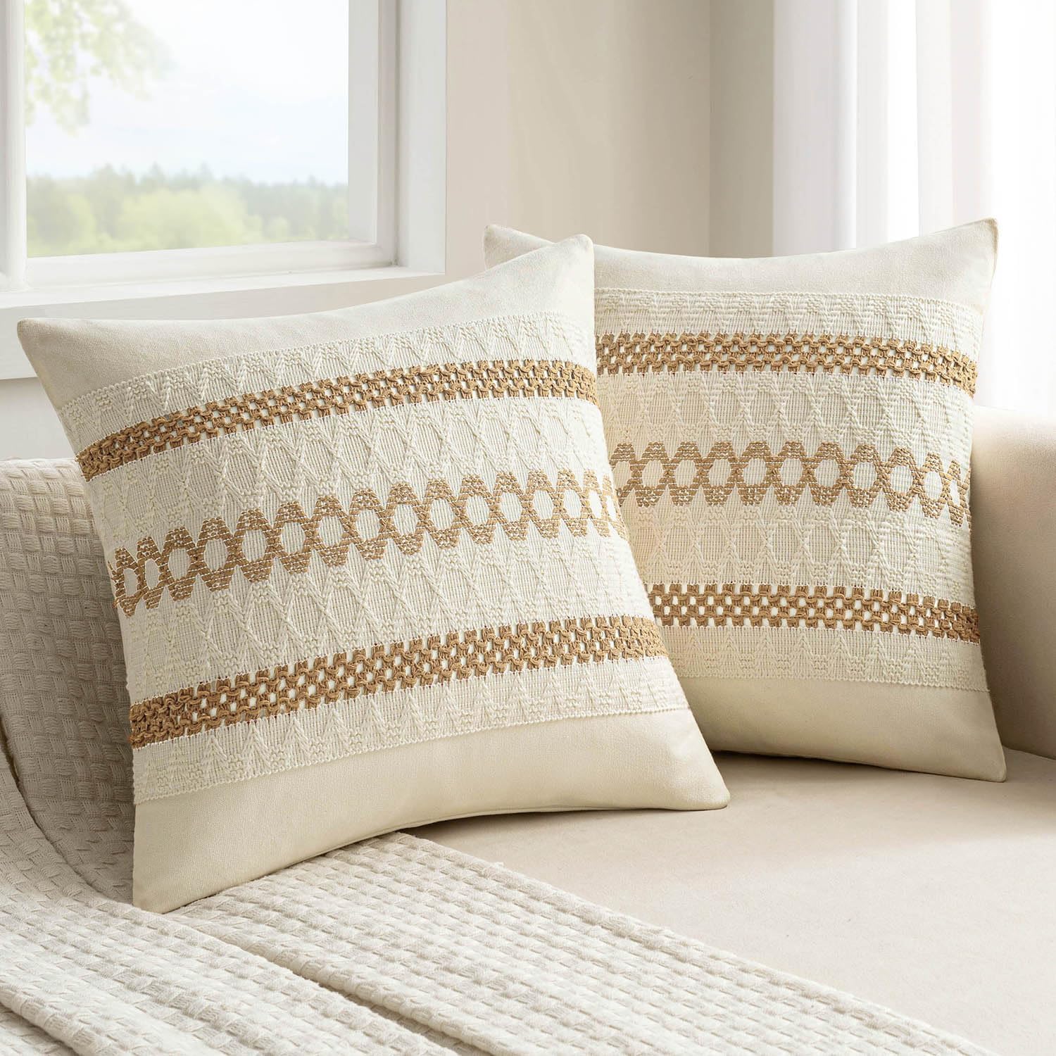 MIULEE Set of 2 Neutral Boho Decorative Pillow Covers 18x18 Inch Farmhouse Rustic Couch Throw Pillows Modern Spring Cotton Cushion Covers…