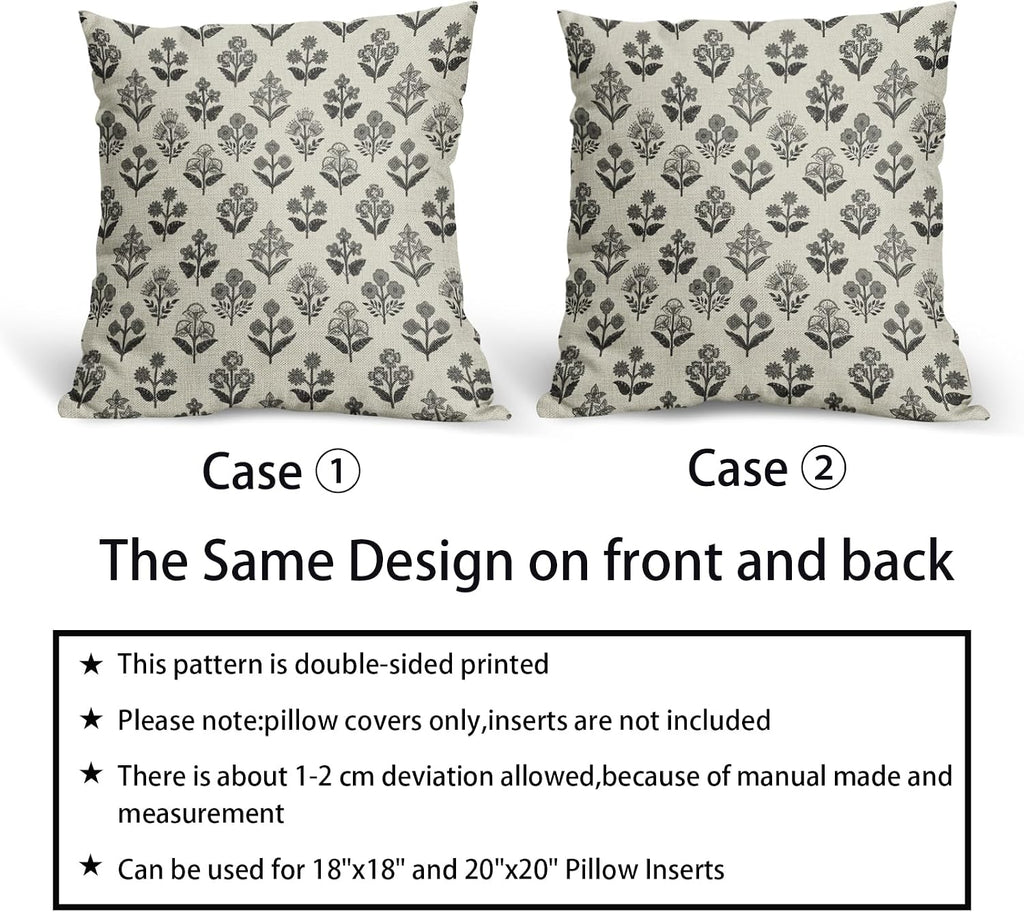 Black Grey Gray Block Print Pillow Covers 18x18 Inch Set of 2, Vintage Floral Decorative Throw Pillow Cases Boho Cushion Covers Rustic…
