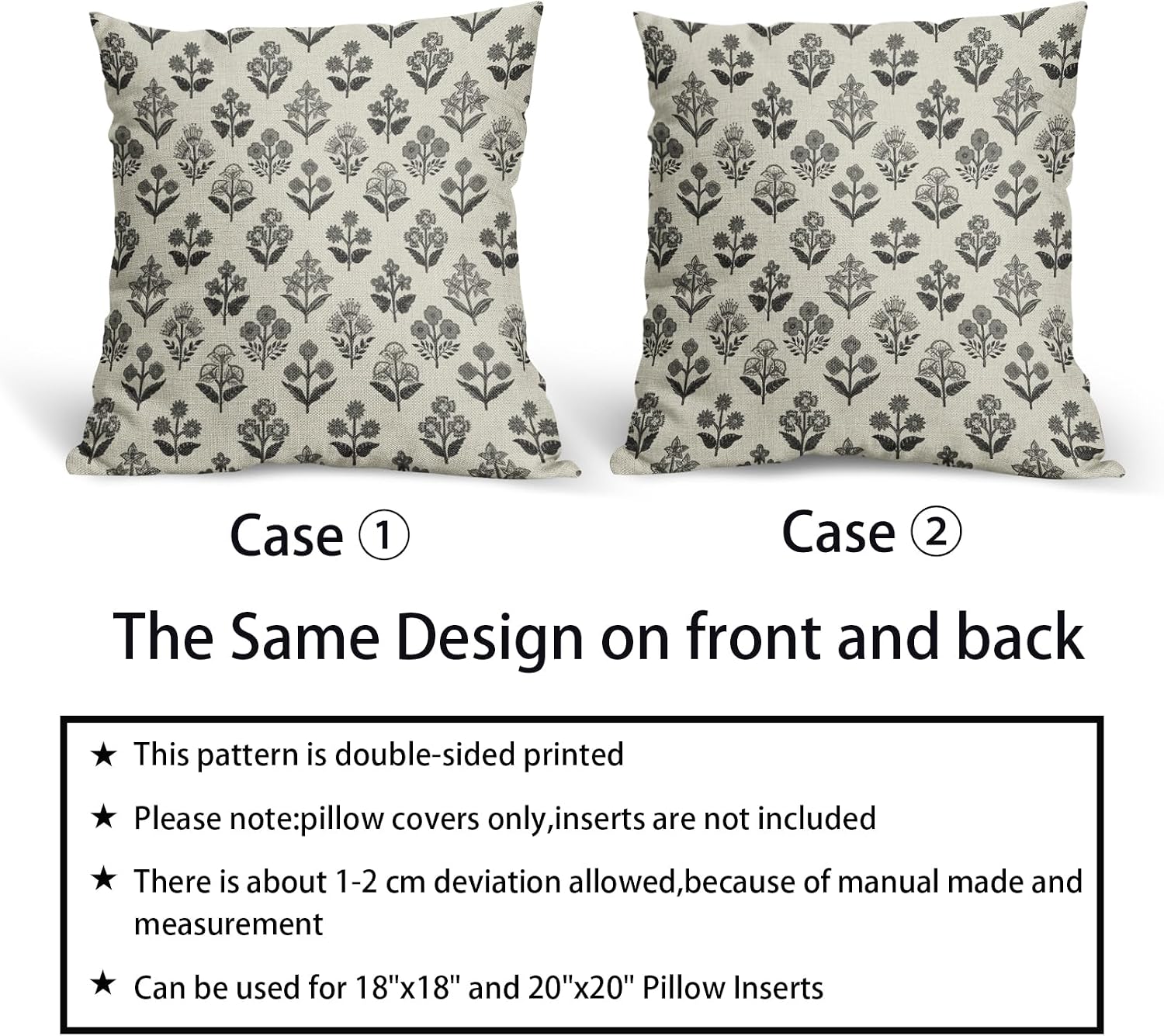 Black Grey Gray Block Print Pillow Covers 18x18 Inch Set of 2, Vintage Floral Decorative Throw Pillow Cases Boho Cushion Covers Rustic…