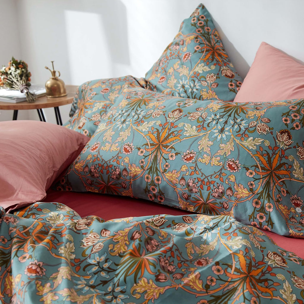 mixinni Vintage Style Garden Flower Duvet Cover Set with Zipper Closure Long Staple Percale Cotton Yellow Vibrant Pattern on Bedding Quilt…