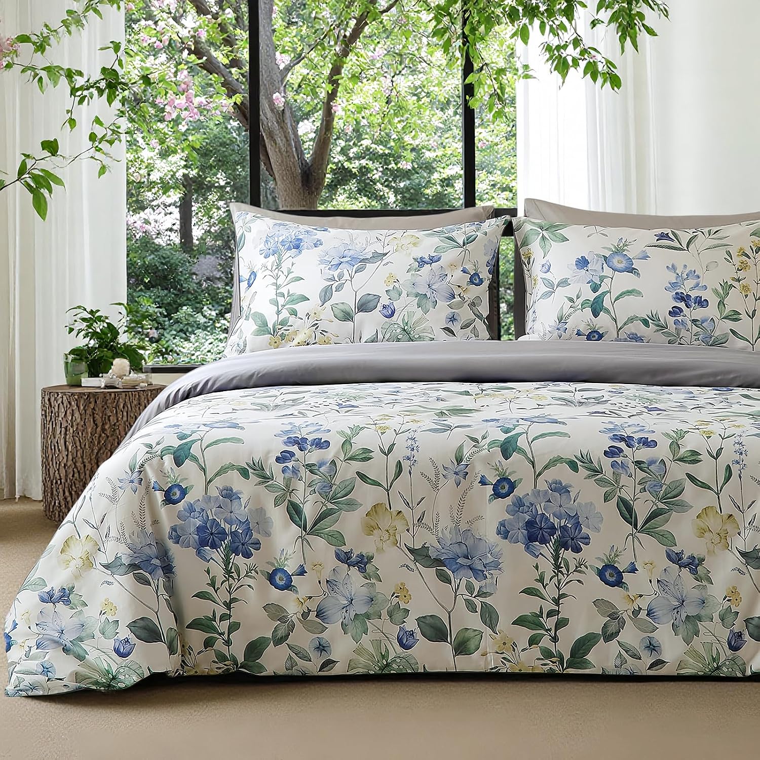 mixinni Reversible Floral Duvet Cover Set King Size, 3 Piece Blue Green Botanical Bedding Set with Zipper Closure & 4 Corner Ties, Farmhous…