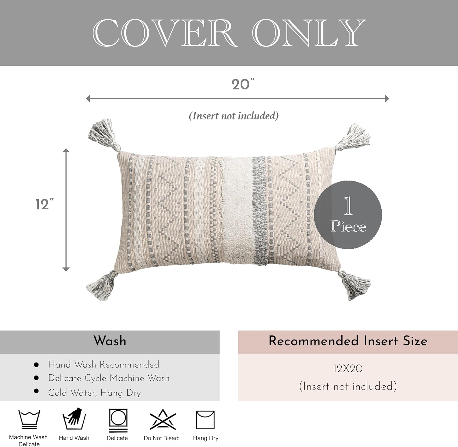 BlissBlush 12x20 Lumbar Pillow Cover, Cream Neutral Rectangular Decorative Cushion Cover with Gray Pattern, Boho Accent Pillowcase with…
