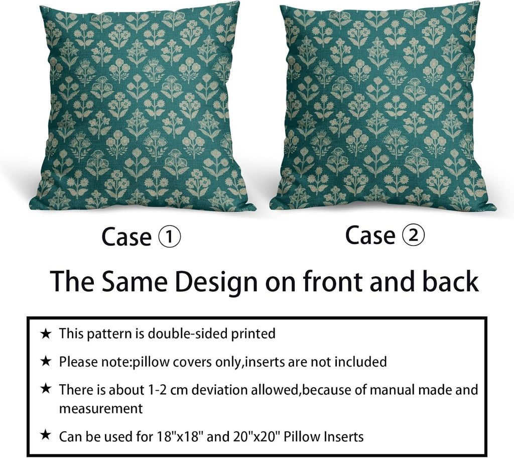 Teal Floral Block Print Pillow Covers 18x18 Inch Set of 2, Vintage Flower Pattern Decorative Throw Pillowcases Outdoor Farmhouse Cushion…