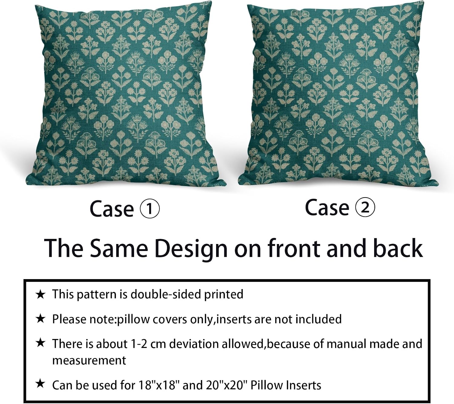 Teal Floral Block Print Pillow Covers 20x20 Inch Set of 2, Vintage Flower Pattern Decorative Throw Pillowcases Outdoor Farmhouse Cushion…