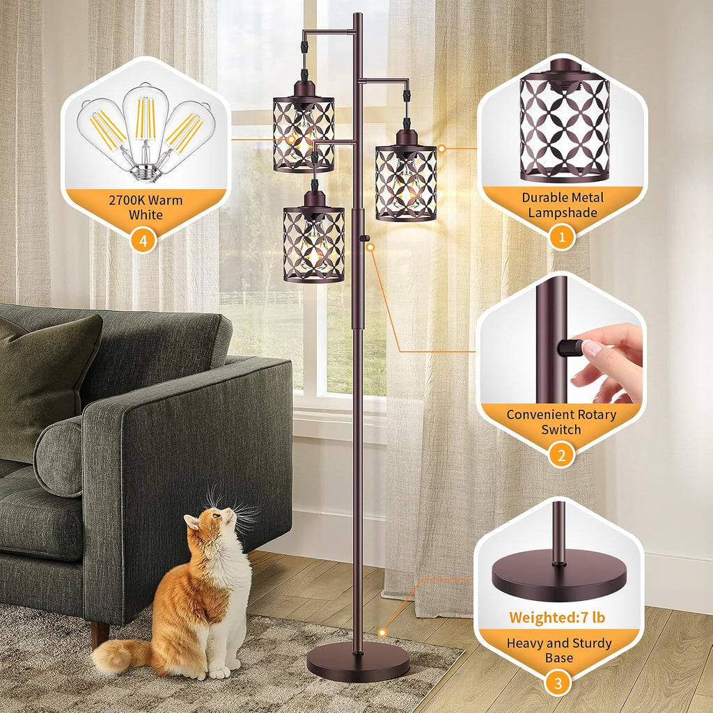 Dimmable Floor Lamp, Farmhouse Standing Lamp with Elegant Metal Cage, Industrial Tall Tree Floor Lamps for Living Room, Bedroom, Study…