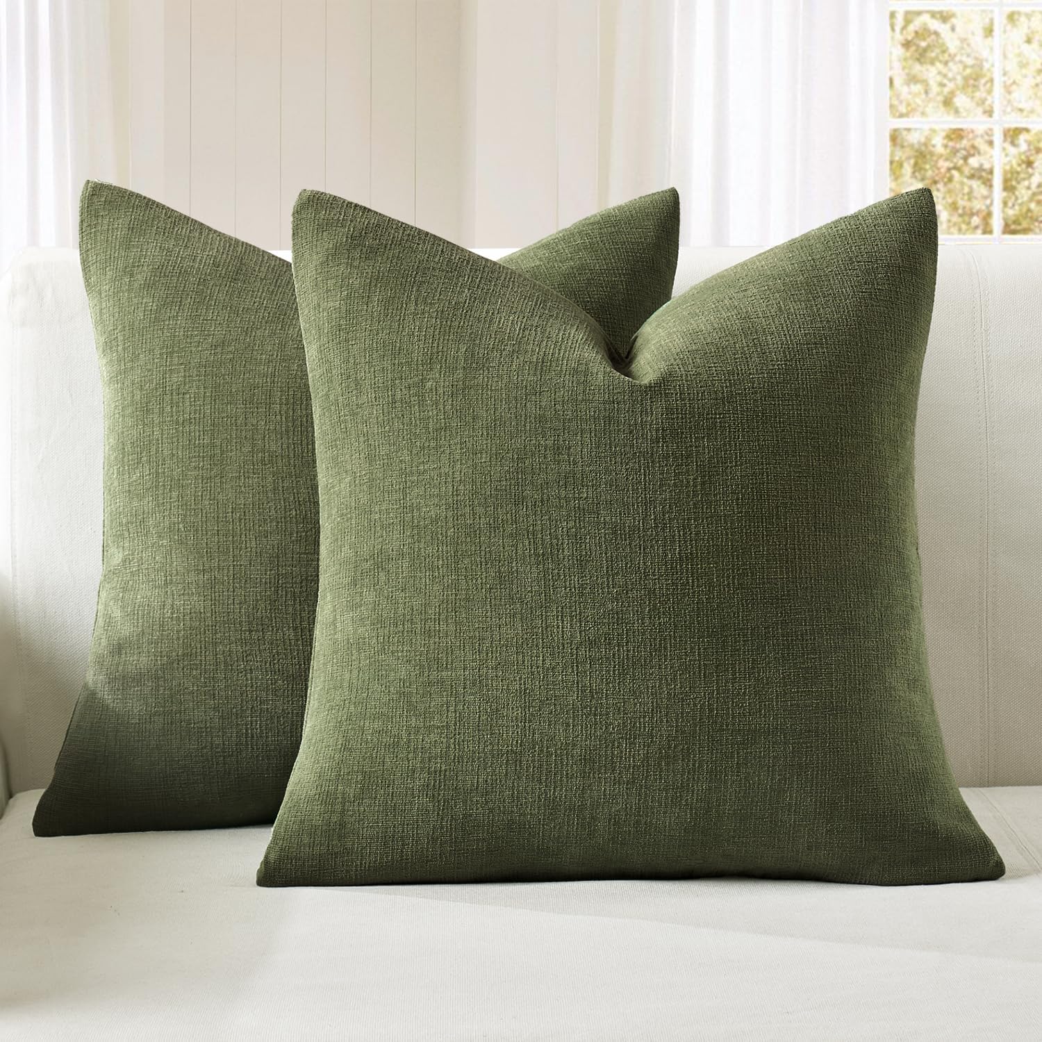 Miulee Olive Green Couch Pillow Covers 18x18 Inch, Set of 2 Soft Chenille Decorative Square Throw Pillow Covers Farmhouse for Sofa Living R…