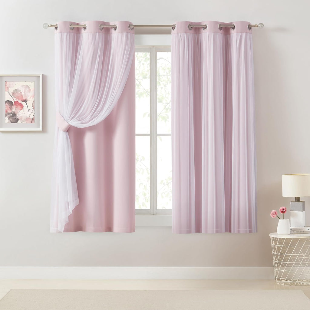Bujasso Pink Blackout Curtains with Sheer Overlay Mix and Match Double Layer 80% Room Darkening Window Treatment Set for Girls Bedroom Livi…