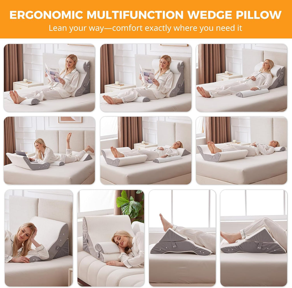 Ruqmuis 4PCS Wedge Pillow Set for After Surgery, Adjustable Back Pillow for Bed Sitting up, Acid Reflux, Bed Wedge Pillow Headboard for Sle…