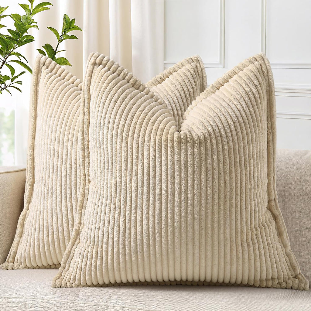 decorUhome Summer Corduroy Beige Euro Sham Throw Pillow Covers 26x26 Set of 2 Decorative Soft Boho Farmhouse Couch Pillow Covers for Living…