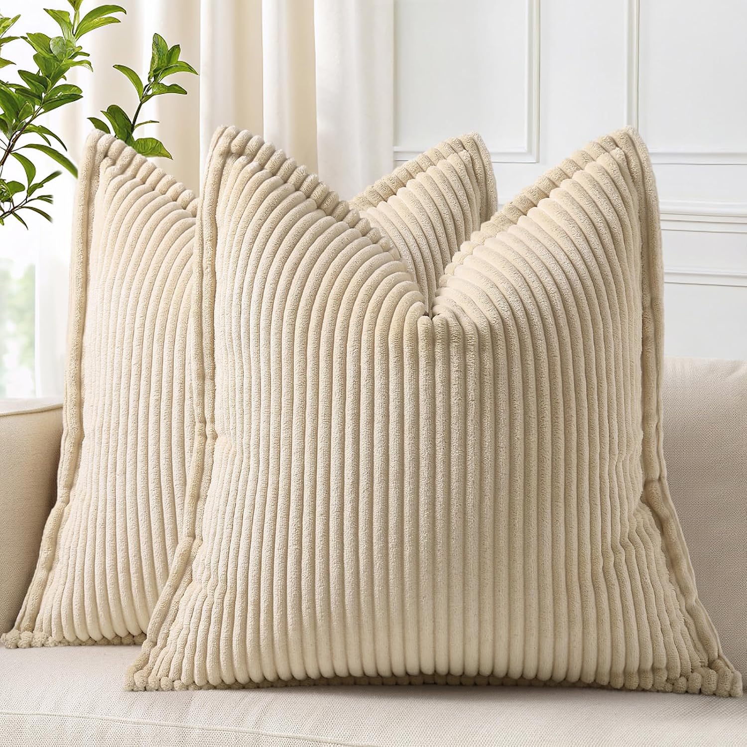 decorUhome Summer Corduroy Beige Euro Sham Throw Pillow Covers 26x26 Set of 2 Decorative Soft Boho Farmhouse Couch Pillow Covers for Living…