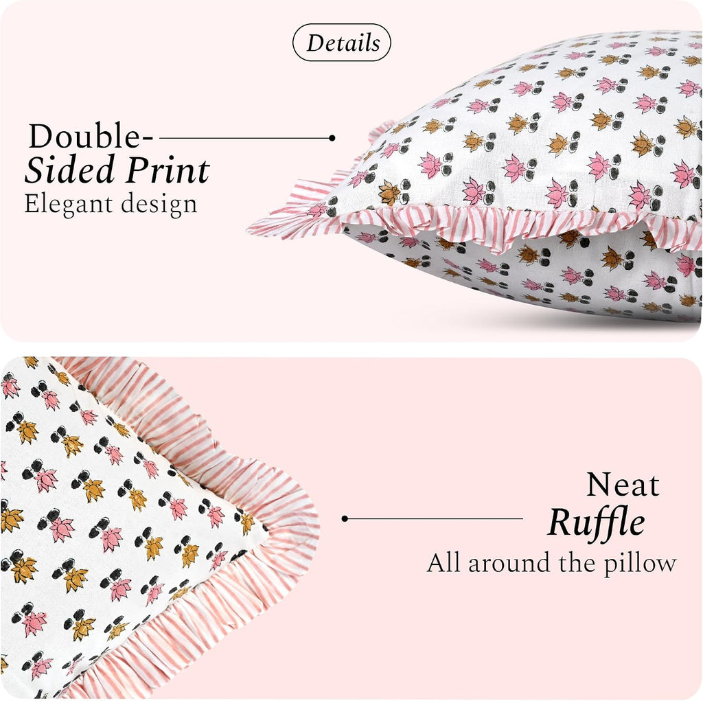 Cottonprintclub CPC Hand Block Print Rosette Bloom Ruffle Sham Pillow Cover 36" x 14" inch Hidden Zipper Decorative Pillowcase for Couch, B…