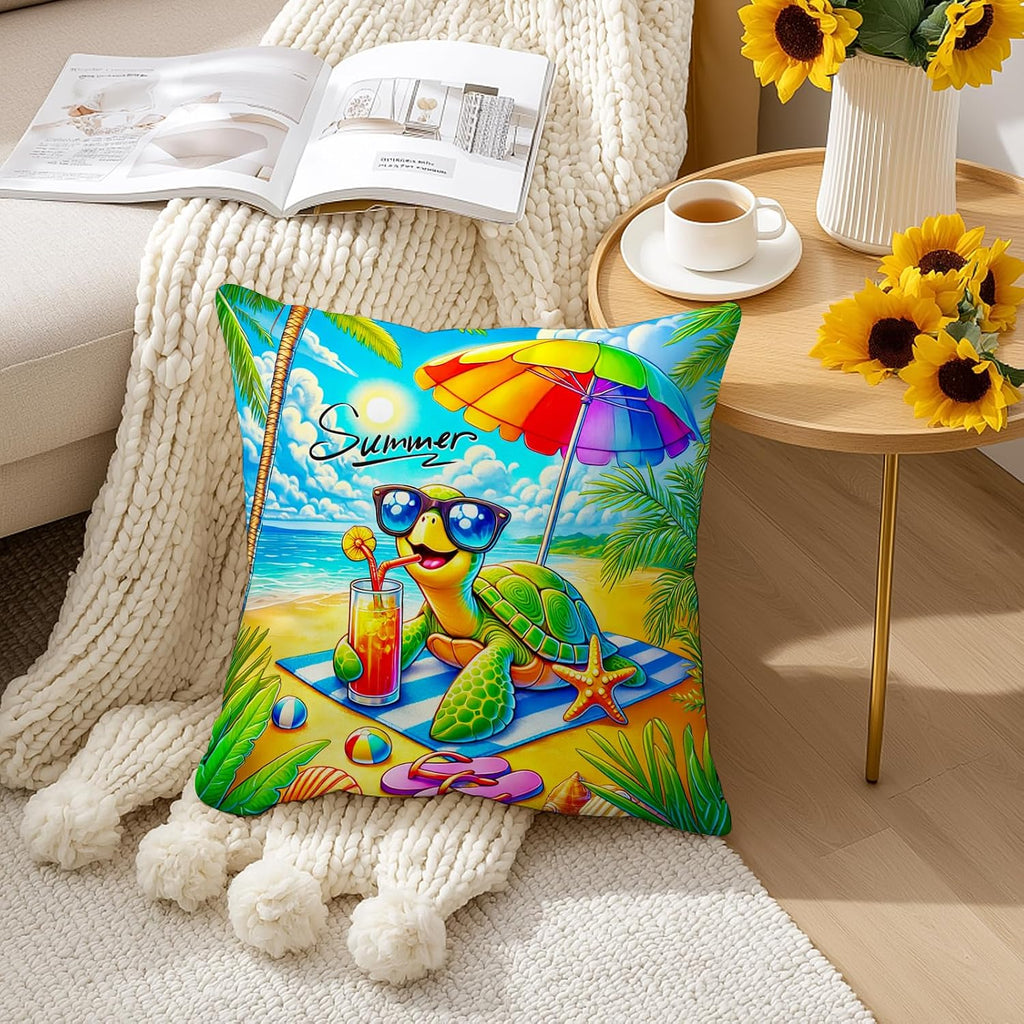 BlissYard Summer Beach Throw Pillow Covers Set of 18x18 Decorative Pillow Covers Cute Sea Turtle Ocean Theme Cushion Covers for Couch…