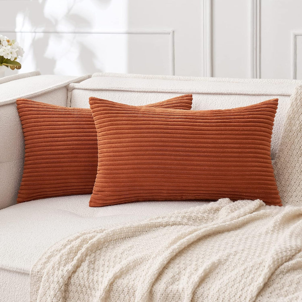 MIULEE Pack of 2 Rust Pillow Covers 12x20 Inch Soft Boho Striped Corduroy Throw Pillow Covers Set Decorative Square Cushion Cases…
