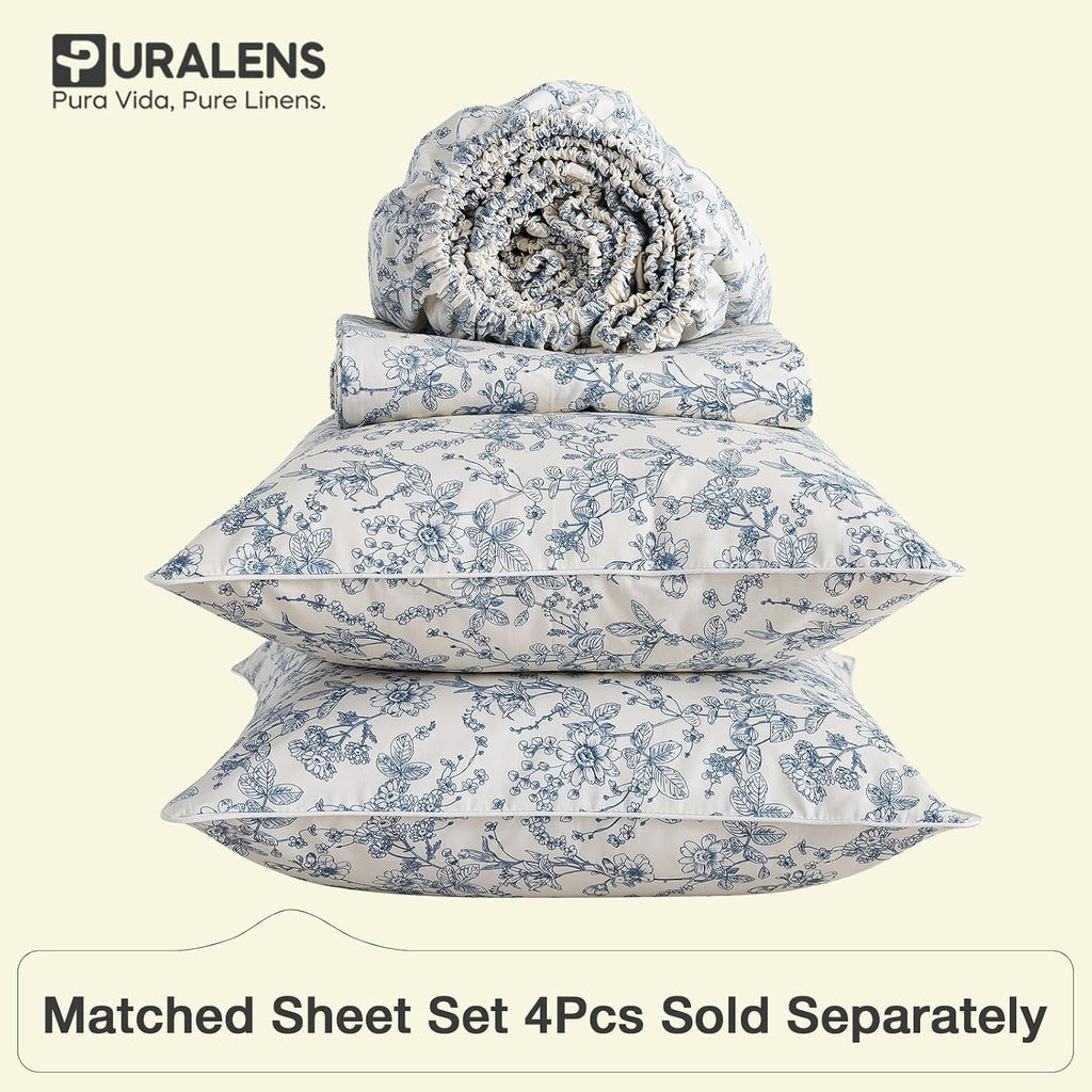 Puralens Blue Floral Duvet Cover King Size 100% Cotton, Vintage Pattern Soft Crisp Toile Comforter Cover Set, Aesthetic Cute Reversible Per…