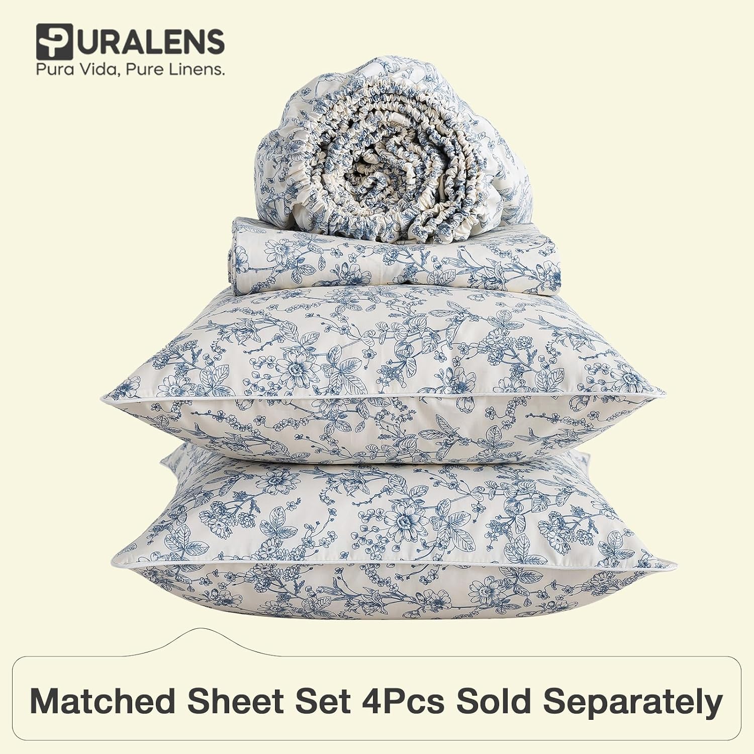 Puralens Blue Floral Duvet Cover King Size 100% Cotton, Vintage Pattern Soft Crisp Toile Comforter Cover Set, Aesthetic Cute Reversible Per…