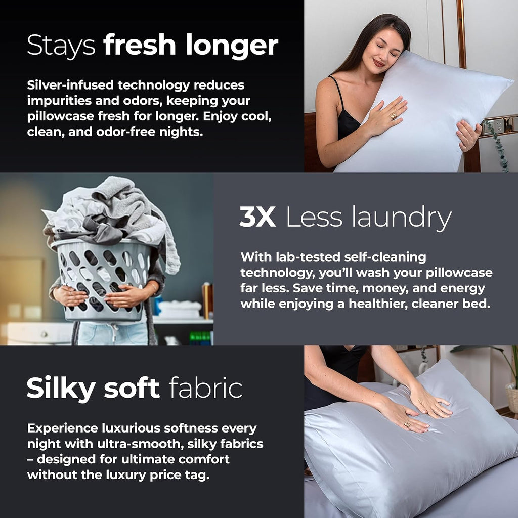 Silvery Silver Infused Pillowcase Set - 2 Pack Self-Cooling Pillowcases with Self-Cleaning Silvery TechnologyTM for Hygienic Sleep…