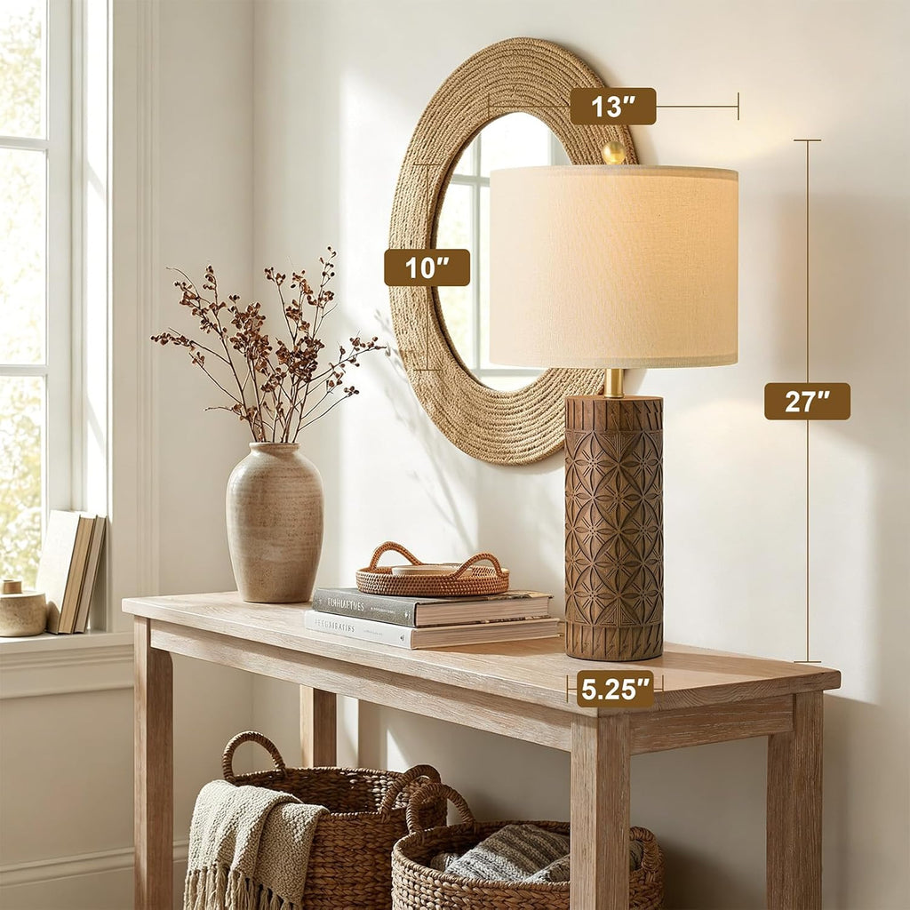 BOBOMOMO 27" Tall Table Lamps Set of 2, Modern Farmhouse Geometric Bedside Lamps, Rustic Wood Grain Resin Nightstand Lamps for Living…