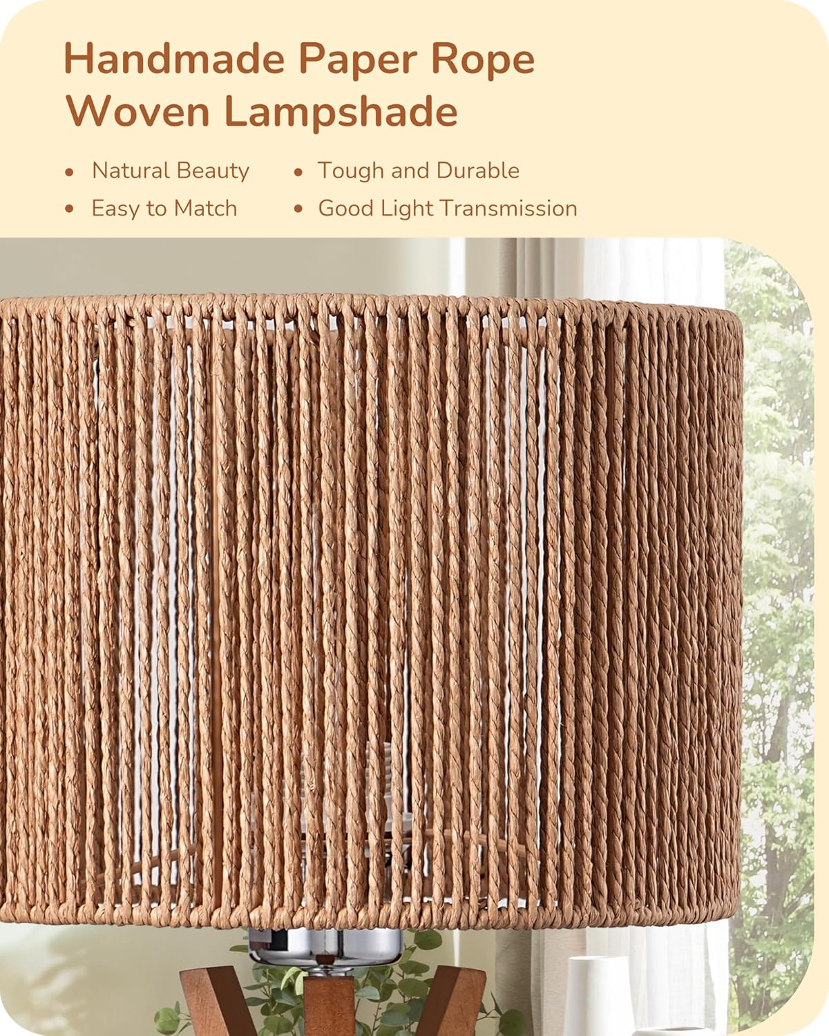 EDISHINE 17.5" Rattan Table Lamp, Wood Bedside Lamp with Handmade Paper Rope Woven Lampshade, Nightstand Lamp for Living Room, Bedroom…