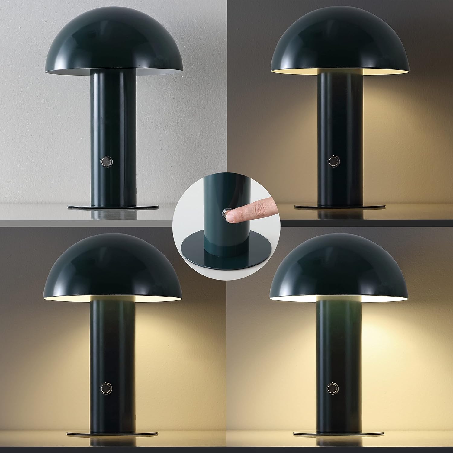 JONATHAN Y 10.75" Forest Green Rechargeable LED Mushroom Table Lamp, Cordless Portable Bedside Lamp for Living Room Bedroom, 3-Way…