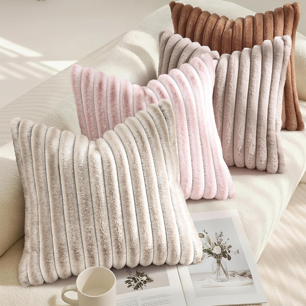decorUhome Summer Cozy Faux Fur Throw Pillow Covers 22x22 Set of 2 Decorative Plush Striped Modern Farmhouse Boho Couch Euro Sham Pillow Ca…