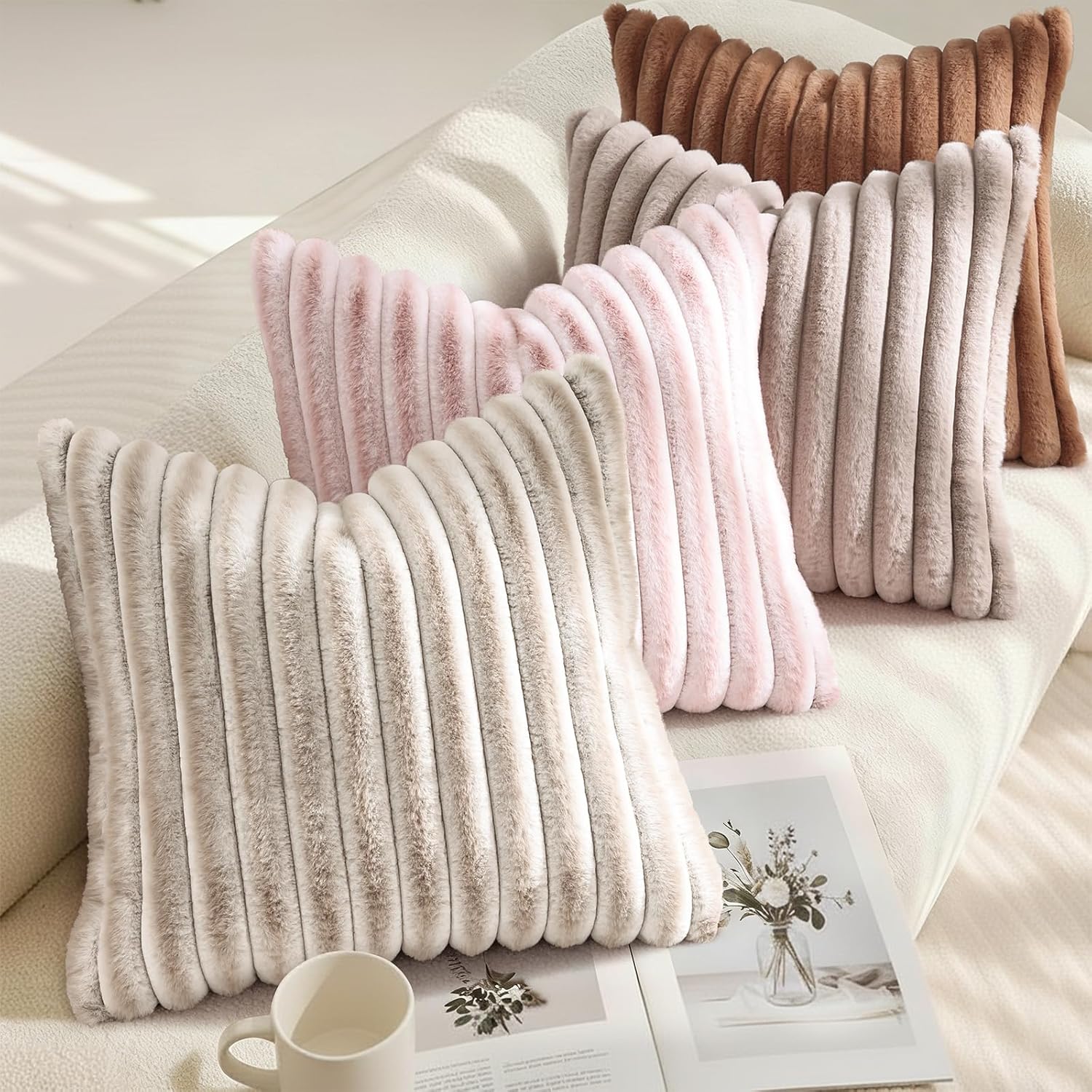 decorUhome Summer Cozy Faux Fur Throw Pillow Covers 22x22 Set of 2 Decorative Plush Striped Modern Farmhouse Boho Couch Euro Sham Pillow Ca…