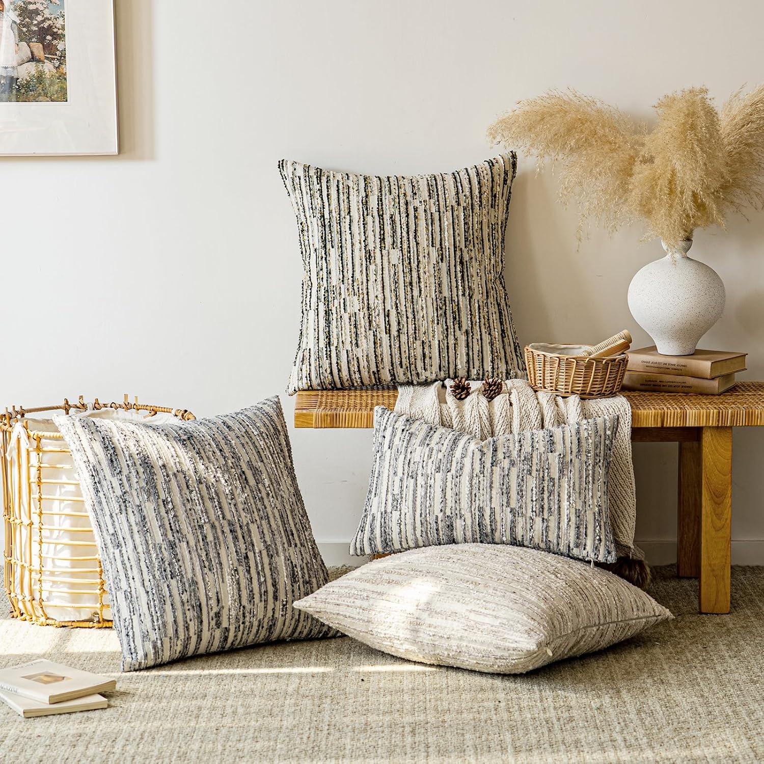 amoment a moment Boho Throw Pillow Covers Set of 2, Striped Decorative Rustic Farmhouse Pillow Cases, Aesthetic Modern Home Decor Couch Cushi…