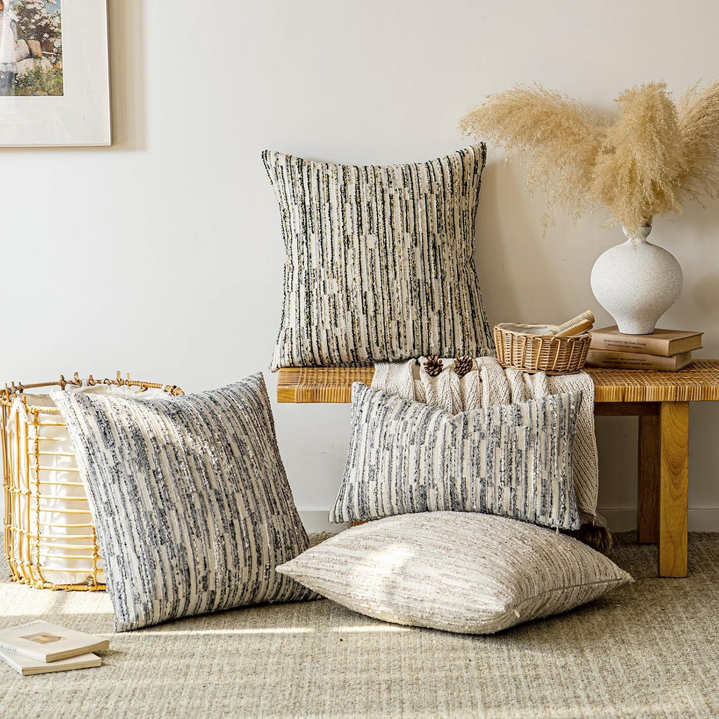 amoment a moment Boho Throw Pillow Covers Set of 2, Striped Decorative Farmhouse Pillow Cases, Aesthetic Modern Home Decor Couch Cushion Cove…