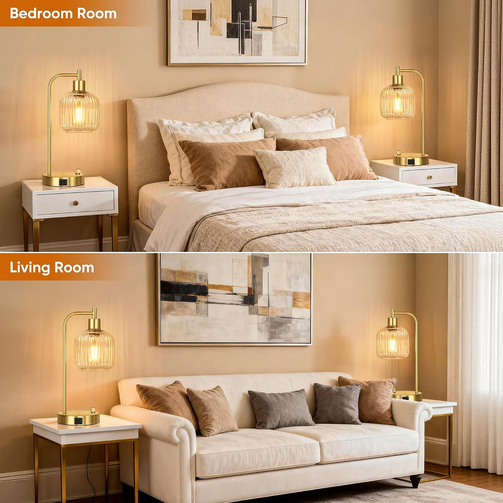 QiMH Industrial Table Lamp for Bedroom Set of 2, Clear Glass Beside Lamp with USB A&C Ports, Stepless Dimmable Gold Lamps, Nightstand…