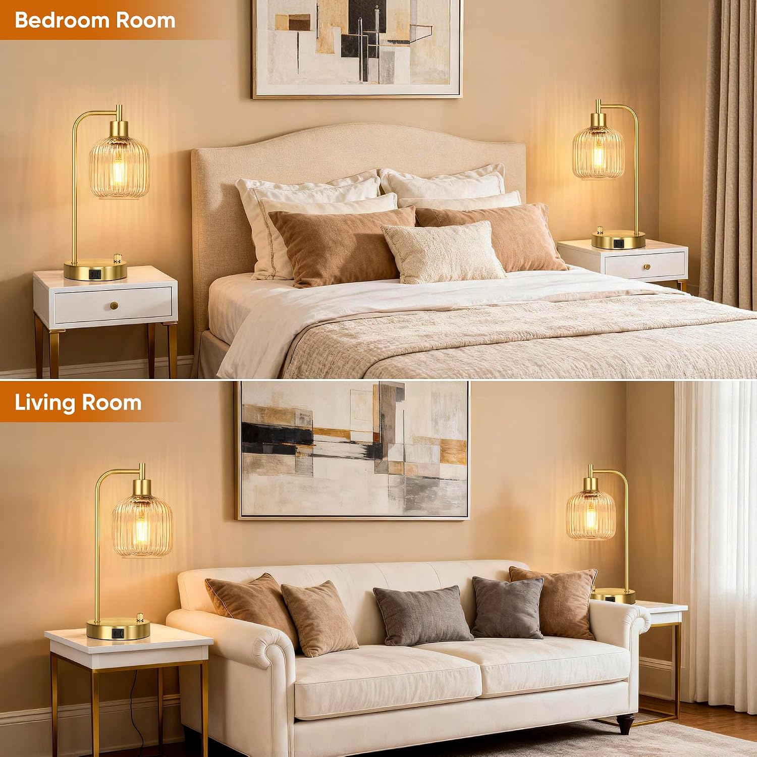 QiMH Industrial Table Lamp for Bedroom Set of 2, Clear Glass Beside Lamp with USB A&C Ports, Stepless Dimmable Gold Lamps, Nightstand…