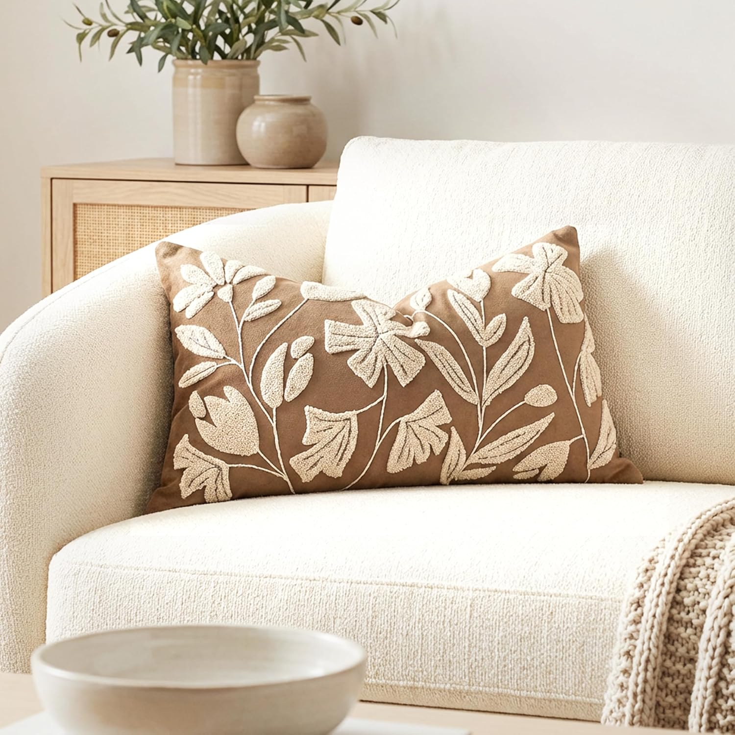 BlissBlush 12x20 Lumbar Pillow Cover, Rectangular Brown Decorative Throw Pillowcase for Couch Sofa, Embroidered Velvet Farmhouse Accent…