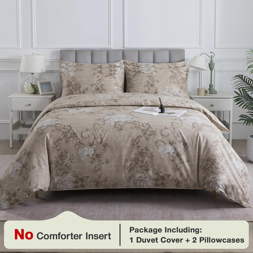 Puralens Dark Beige Moody Floral Duvet Cover, Queen 100% Cotton Percale Neutral Flower Patterned Comforter Cover Set, French Country Soft C…